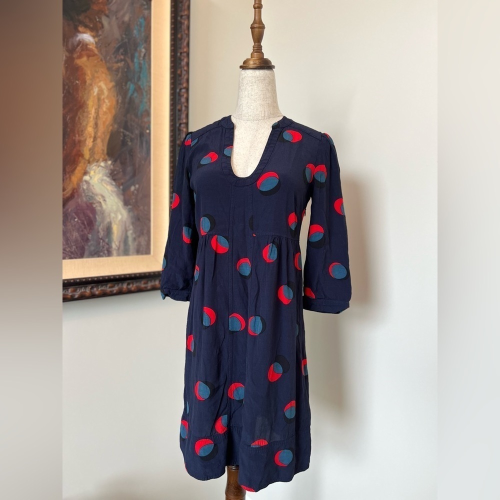 Boden Abstract Print Midi Dress 3/4 Sleeve Scoop Neck Side Zip Size 4R